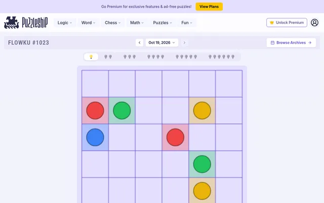 Today's Flowku #1023 (Oct 19 pack) on Puzzleship at desktop size: the very easy six by six grid with pairs of red, green, yellow and blue dots, the six difficulty levels above it