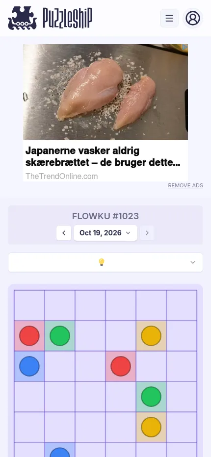 Flowku #1023 on a phone: a display ad above the date picker, the difficulty menu and the six by six grid of coloured dot pairs