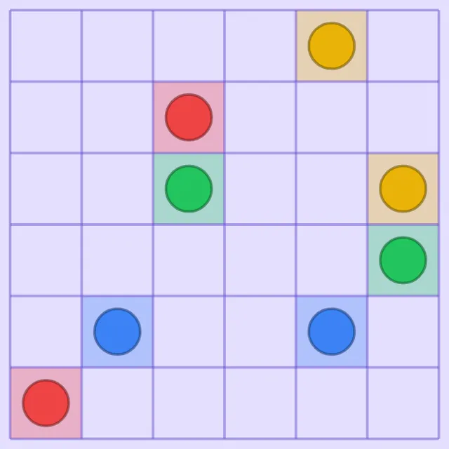 A Flowku grid from Puzzleship, six by six, with pairs of yellow, red, green and blue dots waiting to be joined by paths that fill every cell