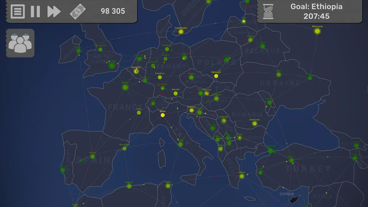 Fly Corp's dark map style: a busy network across Europe with a money counter and the goal Ethiopia on the timer