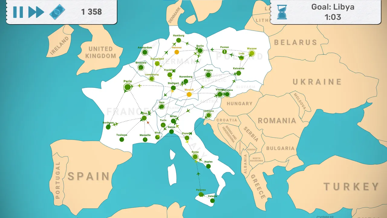 Fly Corp map of Europe with flight routes between cities, a money counter and a goal timer