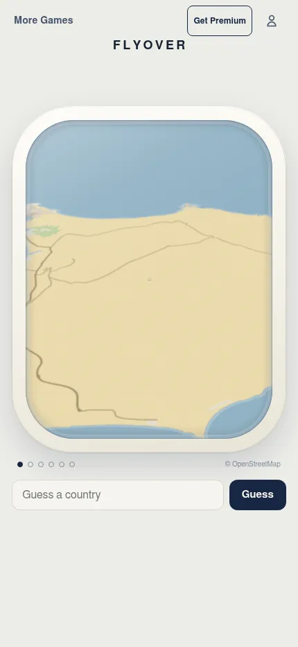 Flyover's daily window on a phone, 18 October 2026: an unlabelled coastline with desert roads at the first view, above the Guess a country box