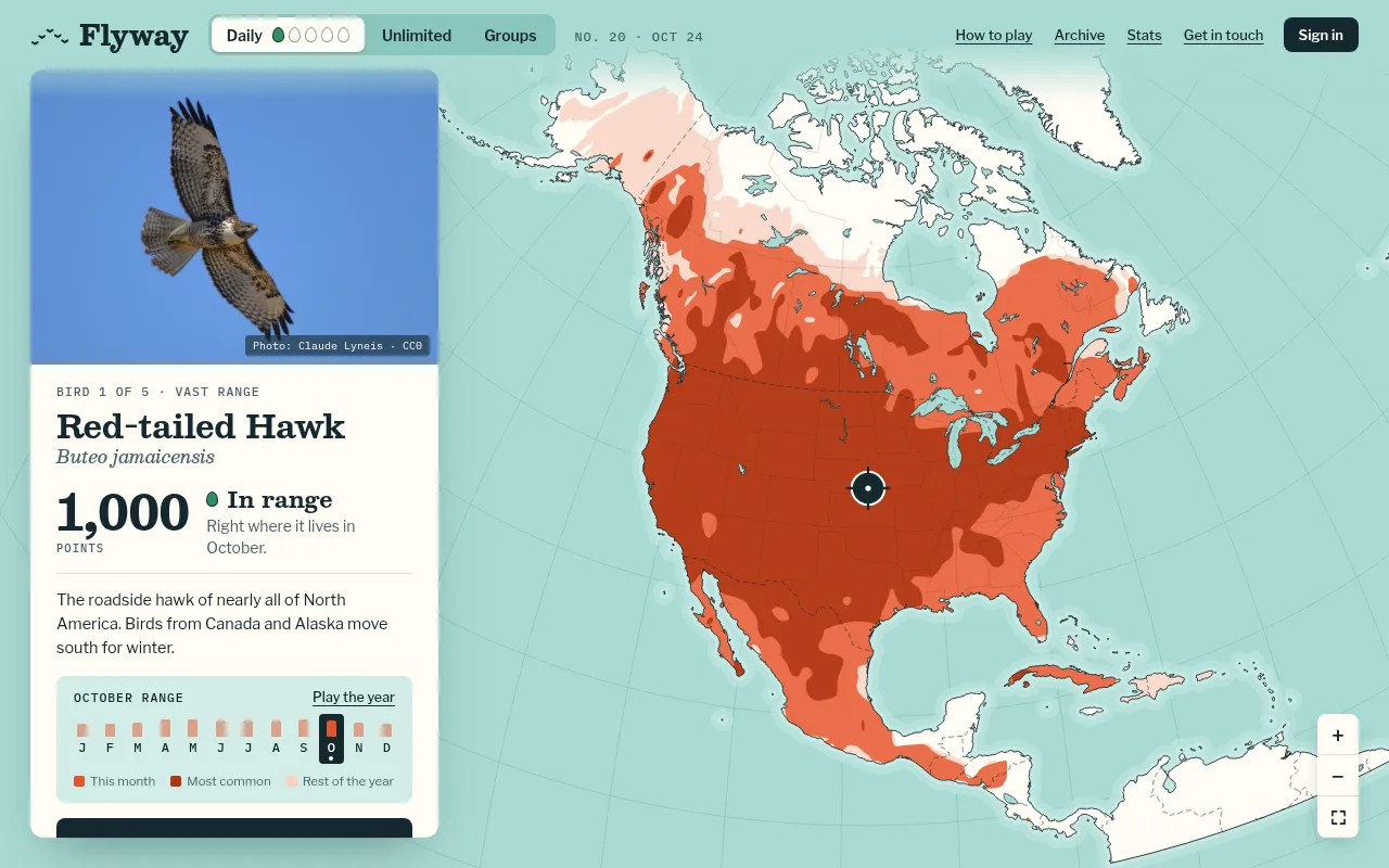 Flyway No. 20, October 24: a pin in the Midwest scores 1,000 for the Red-tailed Hawk, whose October range is shaded orange across North America