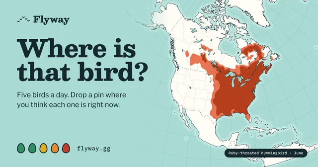 Flyway share image: a map of North America with the Ruby-throated Hummingbird's June range in orange, beside the words Where is that bird?