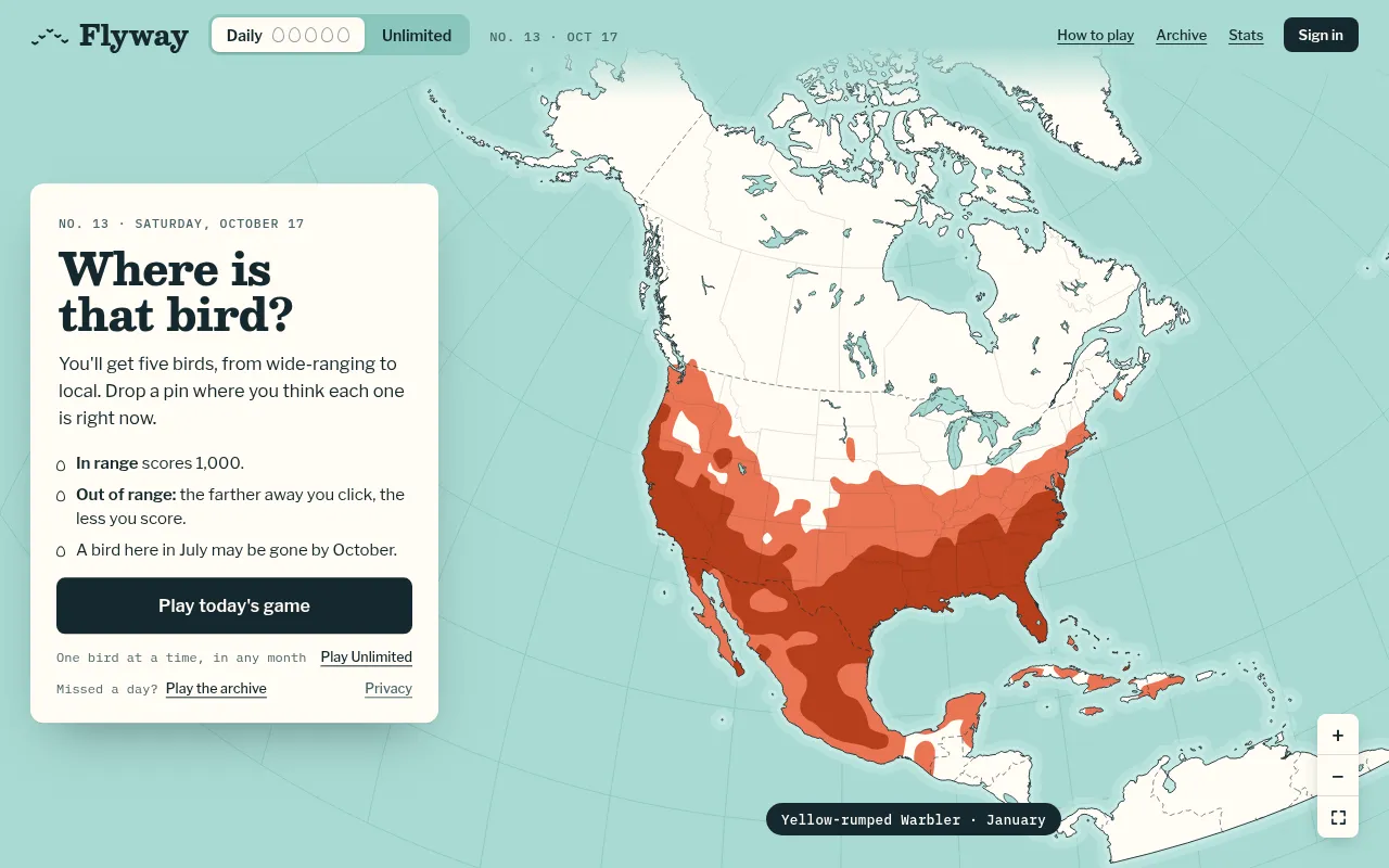Flyway's start screen for edition 13 on October 17, over a map showing the Yellow-rumped Warbler's January range