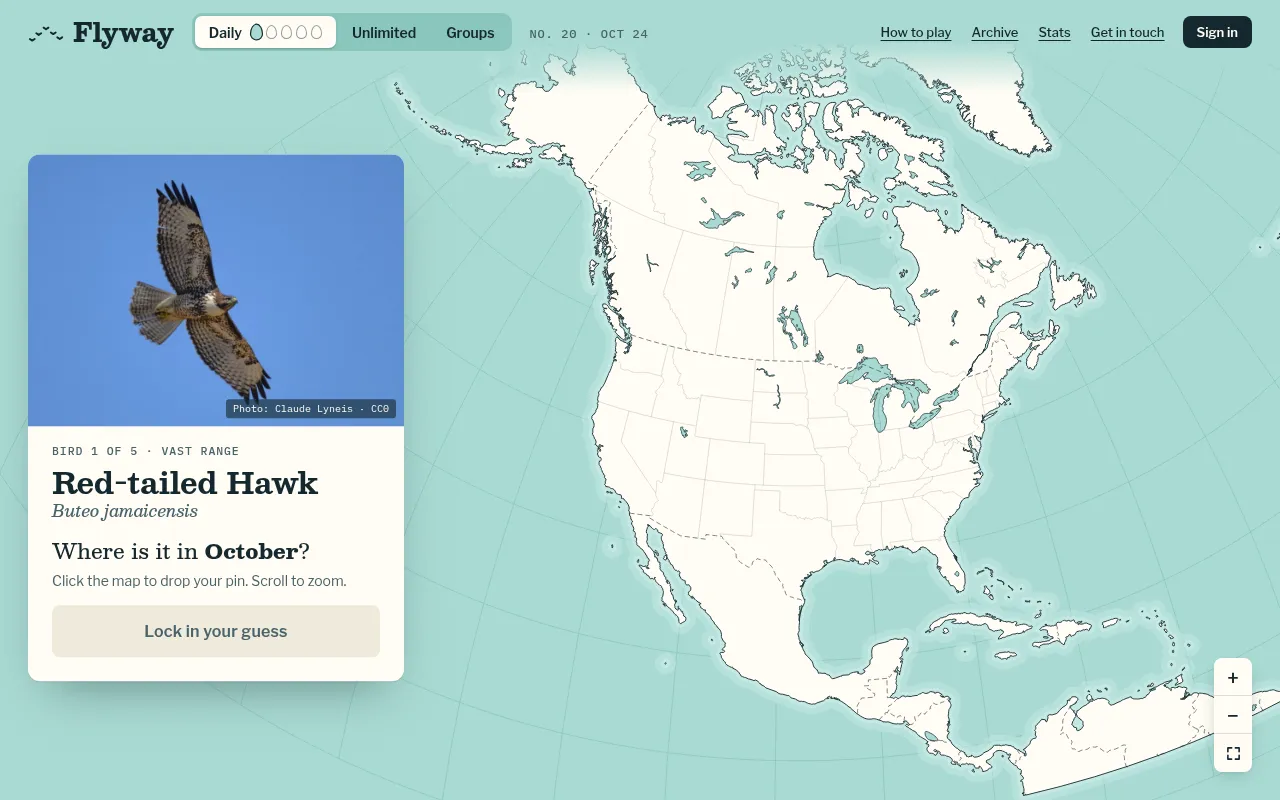 Flyway's first bird of edition 20, the Red-tailed Hawk, with its photo beside a blank map of North America waiting for a pin