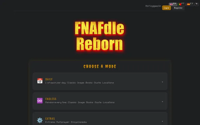 The FNAFdle Reborn home screen: the glowing yellow title above the Choose a Mode menu with Daily (one each of Classic, Image, Books, Quote, Locations per day), Endless and Extras