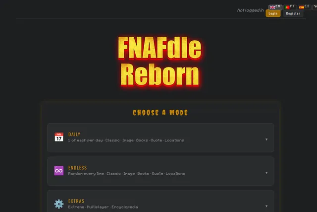 The FNAFdle Reborn home screen: the glowing yellow title above the Choose a Mode menu with Daily (Classic, Image, Books, Quote, Locations), Endless and Extras