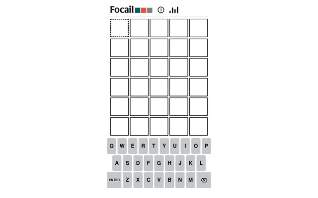 Focail in English board: the Focail logo above an empty grid of six rows of five tiles and an on-screen QWERTY keyboard