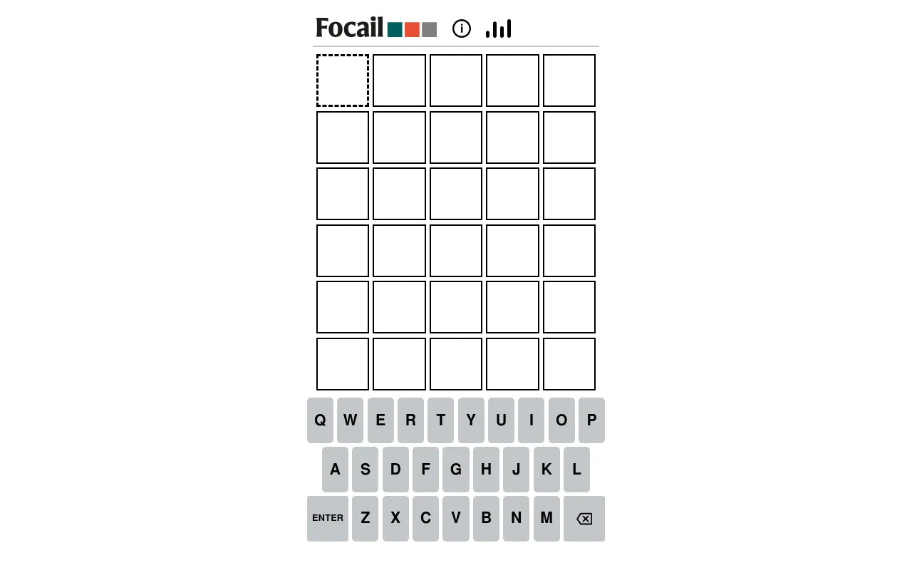 Focail in English board: the Focail logo above an empty grid of six rows of five tiles and an on-screen QWERTY keyboard