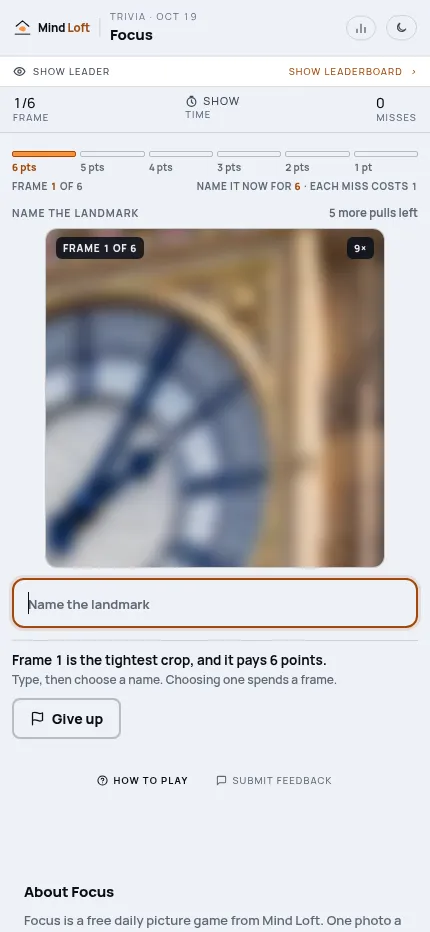 Focus at phone size: frame 1 of 6 with the points bar from 6 to 1, the zoomed crop of today's landmark and the name box below