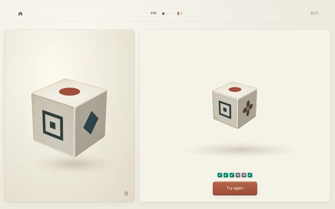 Fold a Cube after pressing Fold on a first try: the net folded into a cube, four faces ticked right and two crossed wrong, with a Try again button