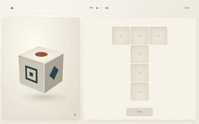 Fold a Cube puzzle #30 on 29 October 2026: a cube with a red dot, a square ring and a blue diamond on its faces, beside an empty T-shaped net of six squares and a Fold button