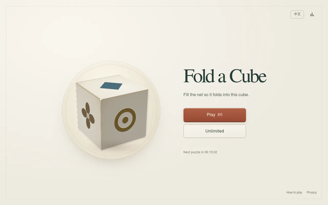 Fold a Cube's start screen with the day's cube showing a flower, a ring and a square, a Play #6 button and a countdown to the next puzzle