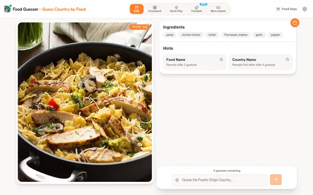 Food Guesser daily round 1 of 2: a photo of bow-tie pasta with chicken and mushrooms, its ingredients (pasta, chicken breast, butter, Parmesan cheese, garlic, pepper), locked name and country hints, a