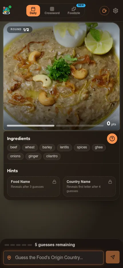 Food Guesser at phone size: the day's dish photo on top, the ingredient chips and hint cards below, the country guess box at the bottom
