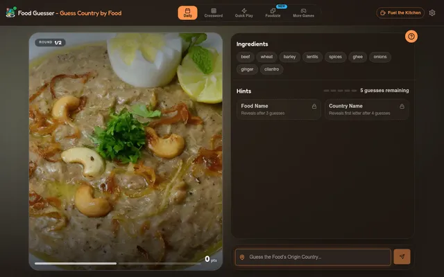 Food Guesser daily round 1 of 2 on 21 Oct 2026: a photo of haleem with cashews and lemon, its ingredients (beef, wheat, barley, lentils, ghee) and locked hints