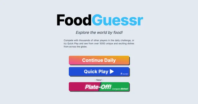 The FoodGuessr home screen with buttons for the daily challenge, Quick Play and Plate-Off