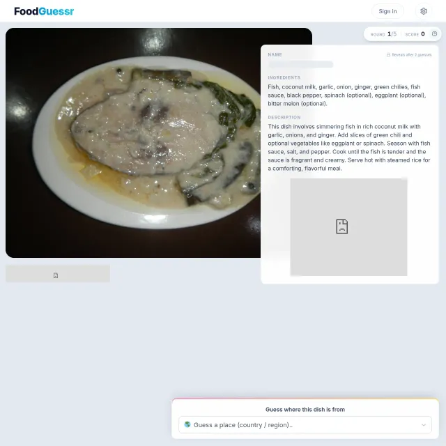 A FoodGuessr Quick Play round showing a fish dish in coconut sauce with its ingredient list and description