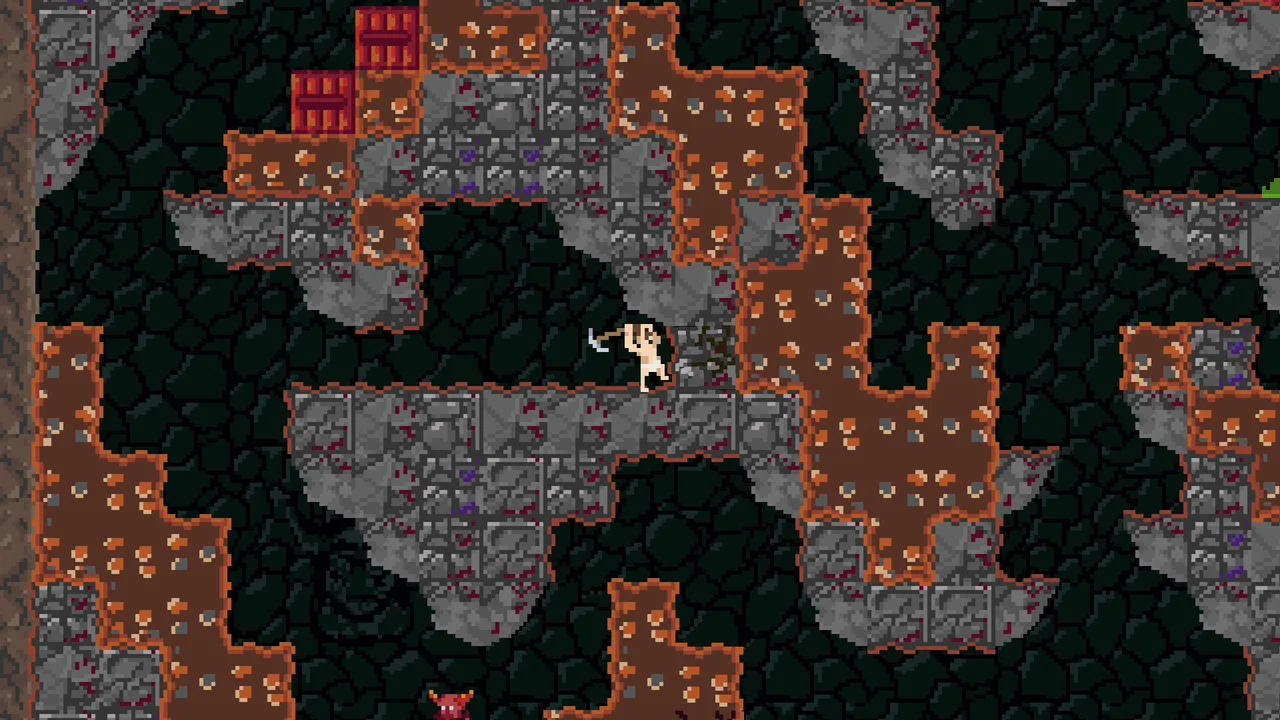 The miner swings his pickaxe at a cracked block in a grey and brown cave of Fool's End