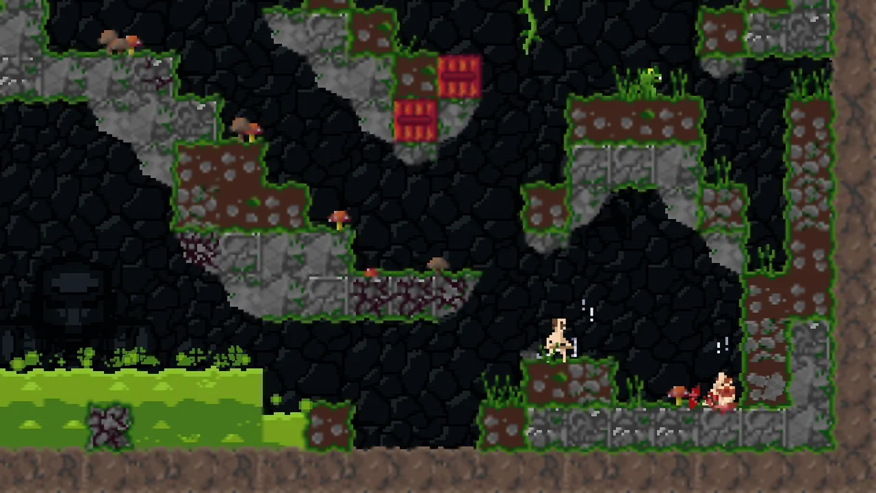 A mossy jungle cave level in Fool's End with the miner, mushrooms, red crates and green acid at the bottom left