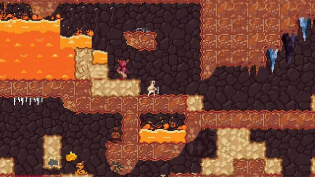 Fool's End in play: the miner stands on a rock ledge in a lava cave, a red horned demon above him and gold in the rock below