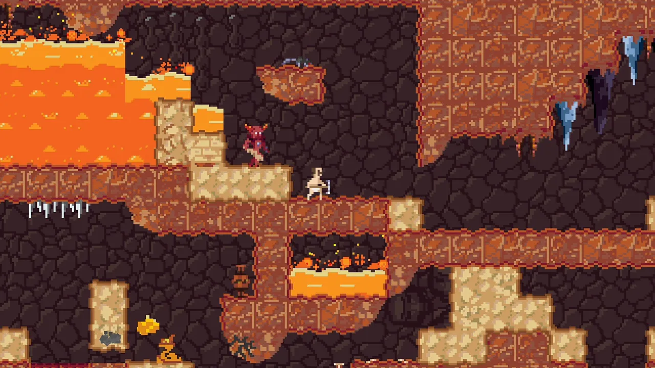 Fool's End in play: the miner stands on a rock ledge in a lava cave, a red horned demon above him and gold in the rock below