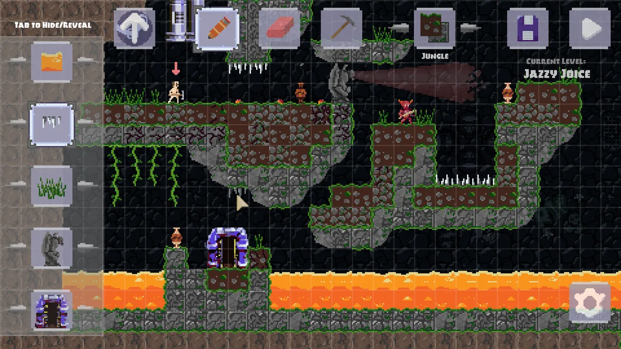 The Fool's End level editor: a tile palette on the left, tools along the top and a jungle level over a lava floor