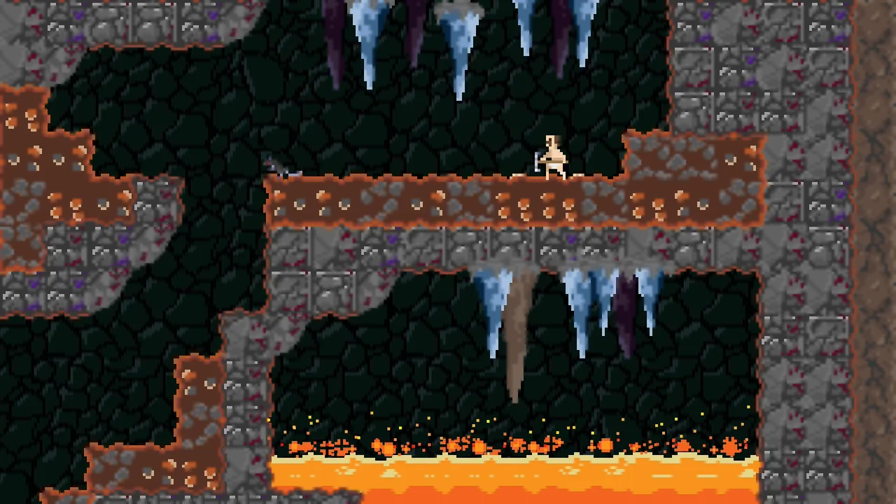 A miner with a pickaxe on a ledge in a rocky cave with icicles above and lava below