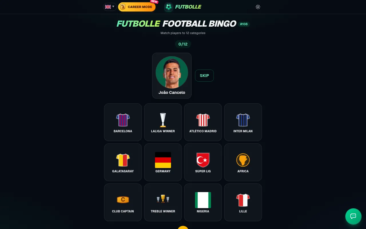 Futbolle Football Bingo #108 on 30 October 2026: João Cancelo above a Skip button and twelve boxes such as Barcelona, LaLiga Winner, Galatasaray, Africa and Treble Winner