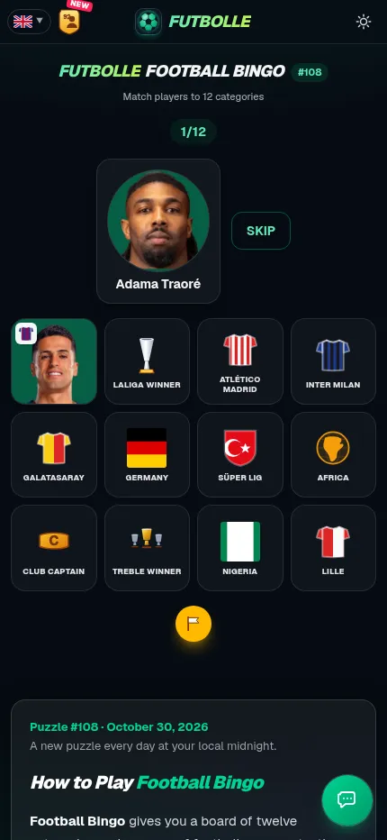 Football Bingo #108 at phone size: João Cancelo placed on the Barcelona box, 1 of 12 filled, with Adama Traoré next in the queue