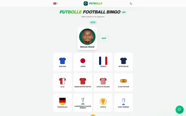 Futbolle Football Bingo #84: a footballer's photo above a Skip button and a board of twelve boxes including Chelsea, Japan, France, Inter Milan, Club Captain, Bundesliga and Euro Winner