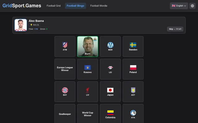 Football Bingo Big 5 Leagues card for Oct 20, 2026: D. Burn placed on the Newcastle square, Alex Baena up next above squares such as ATM, Kosovo, Japan and World Cup Winner