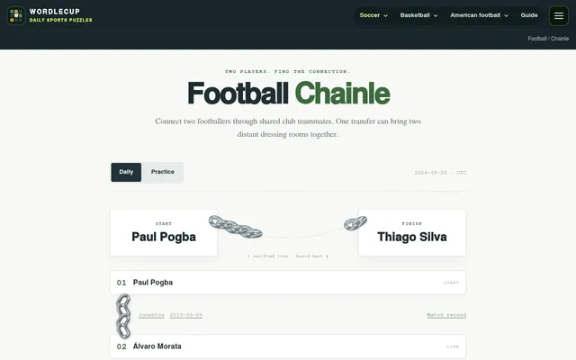 Football Chainle daily board for 24 October 2026: start Paul Pogba, finish Thiago Silva, board best 4, with a first link to Álvaro Morata through Juventus on 2015-06-06