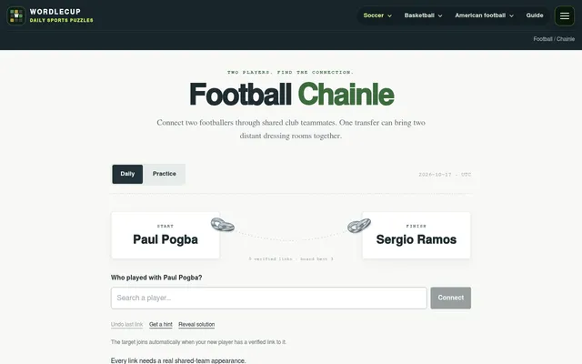 Football Chainle daily board for 17 October 2026: start player Paul Pogba, finish player Sergio Ramos, and the teammate search box