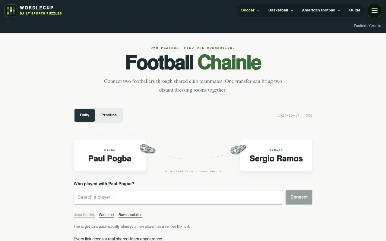 Football Chainle daily board for 17 October 2026: start player Paul Pogba, finish player Sergio Ramos, and the teammate search box