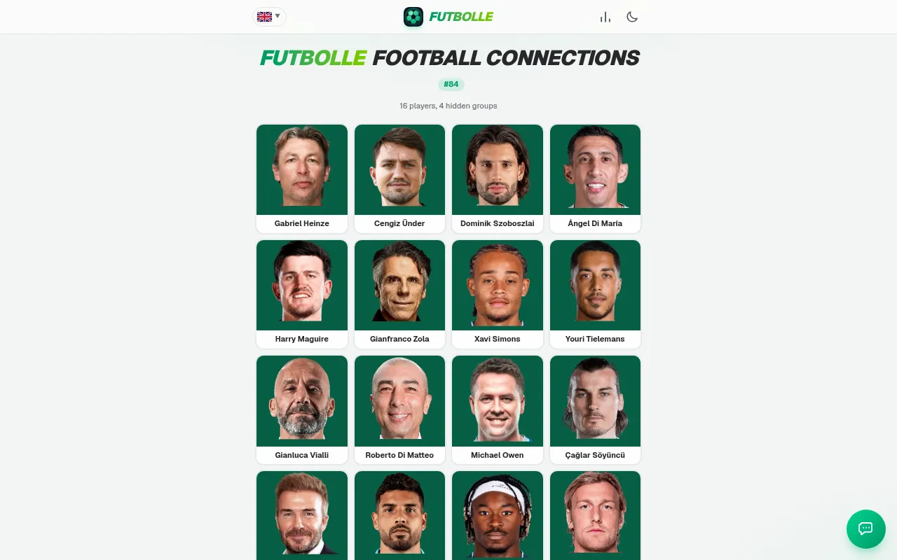 Futbolle Football Connections board #84: a grid of footballer photo cards with names such as Gabriel Heinze, Harry Maguire and Michael Owen