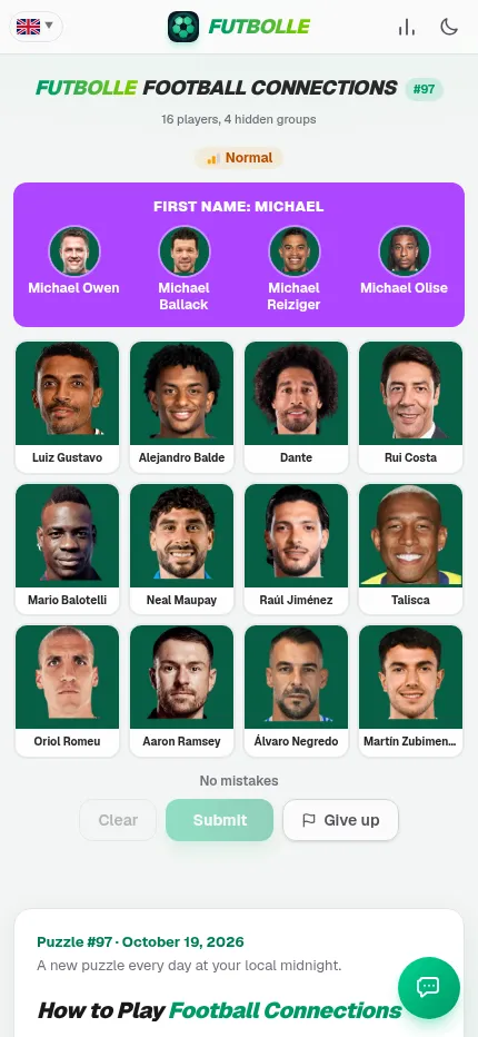 Football Connections #97 on a phone, Normal level: the purple group First name: Michael solved above twelve footballer photo cards