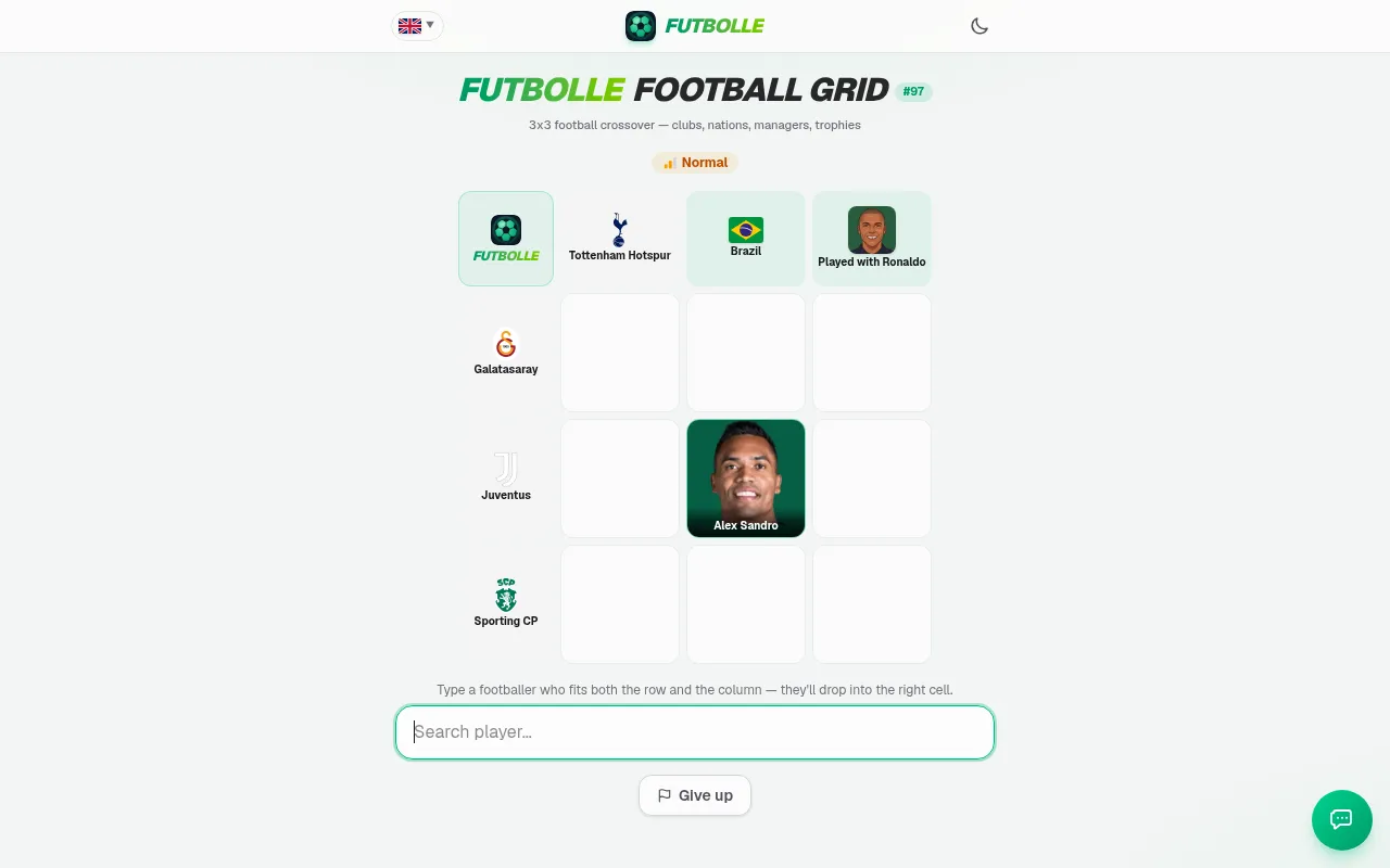 Football Grid #97 on Normal: Galatasaray, Juventus and Sporting CP down, Tottenham, Brazil and Played with Ronaldo across, Alex Sandro in one cell