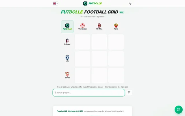 Futbolle Football Grid #84: a 3x3 grid with three clubs across, three down and a player search box