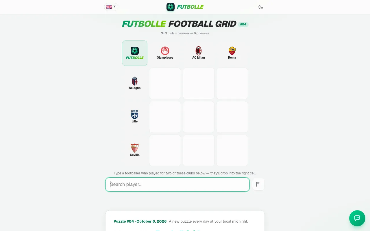 Futbolle Football Grid #84: a 3x3 grid with three clubs across, three down and a player search box