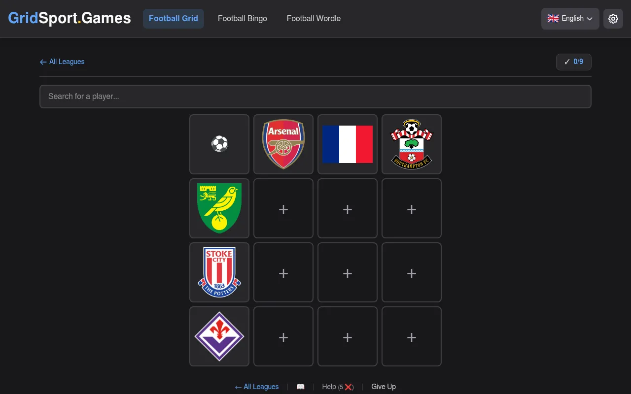 GridSport.Games Football Grid for the Premier League: a 3x3 grid with Arsenal, France and Southampton across the top and Norwich City, Stoke City and Fiorentina down the side, a player search box and