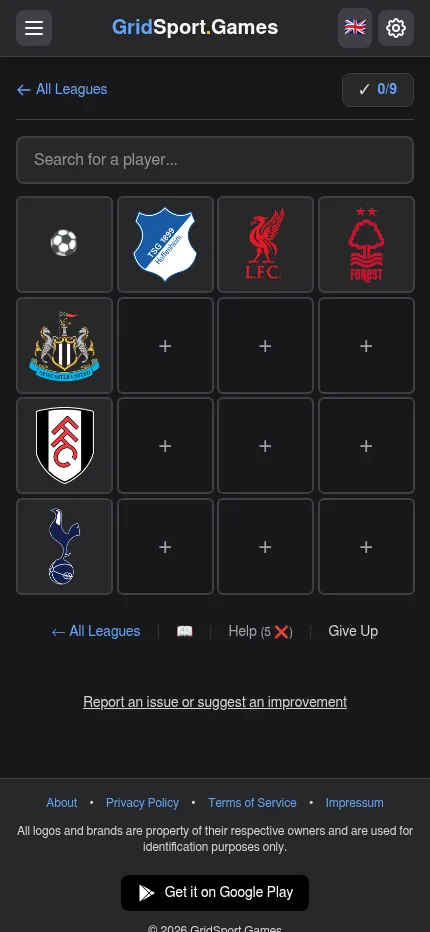 Football Grid on a phone: the Oct 20, 2026 Premier League 3x3 board with club badges on both axes, a player search box, Help with 5 uses and Give Up