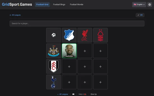 Football Grid Premier League board for Oct 20, 2026: Hoffenheim, Liverpool and Nottingham Forest across, Newcastle, Fulham and Spurs down, Joelinton placed, 1 of 9 filled