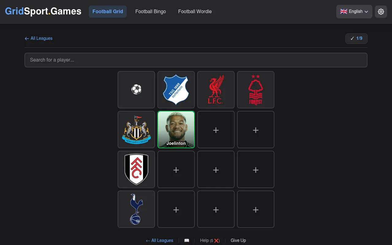 Football Grid Premier League board for Oct 20, 2026: Hoffenheim, Liverpool and Nottingham Forest across, Newcastle, Fulham and Spurs down, Joelinton placed, 1 of 9 filled
