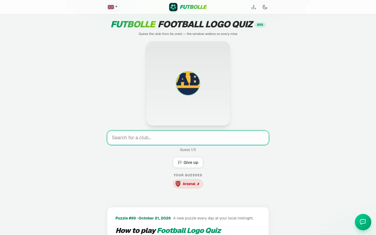 Football Logo Quiz #99 after one wrong guess (Arsenal): the window on the crest has widened to show navy and yellow letters AB, above the club search box