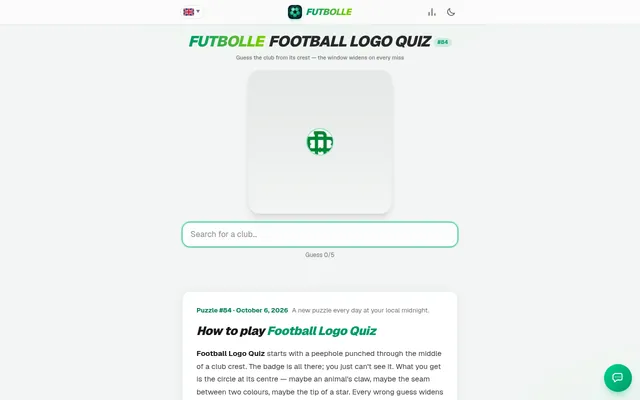 Futbolle Football Logo Quiz #84: a small green circle of a club crest in the middle of a blank card, above the club search box