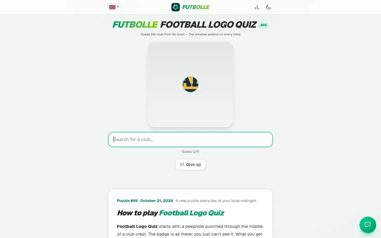 Football Logo Quiz #99 on 21 October 2026 at the start: a small navy and yellow circle of a club crest, the search box and Guess 0/5