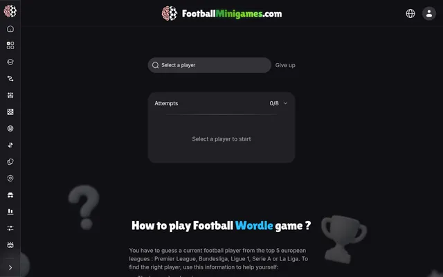 Football Wordle's Daily Challenge before the first guess: the player search box, a Give up link and an attempts panel at 0 of 8
