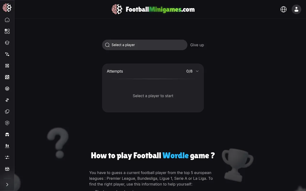 Football Wordle's Daily Challenge before the first guess: the player search box, a Give up link and an attempts panel at 0 of 8